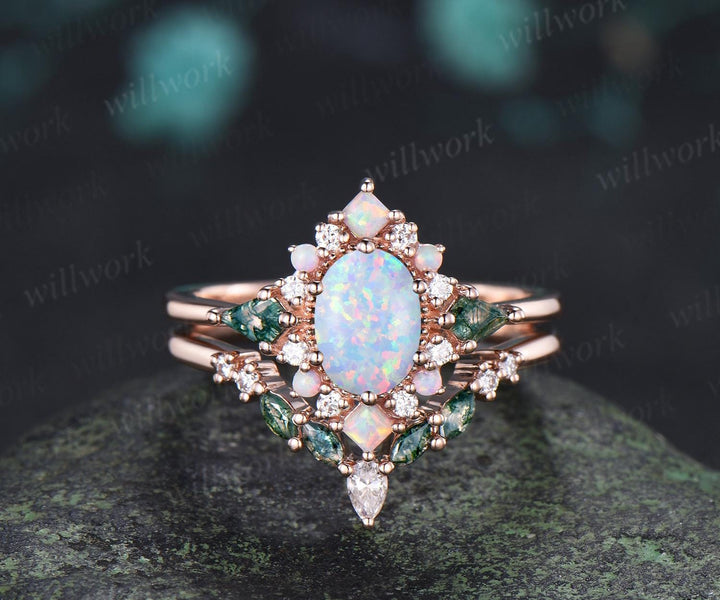 Oval opal engagement ring 14k rose gold kite moss agate square opal halo unique promise wedding ring set women silver