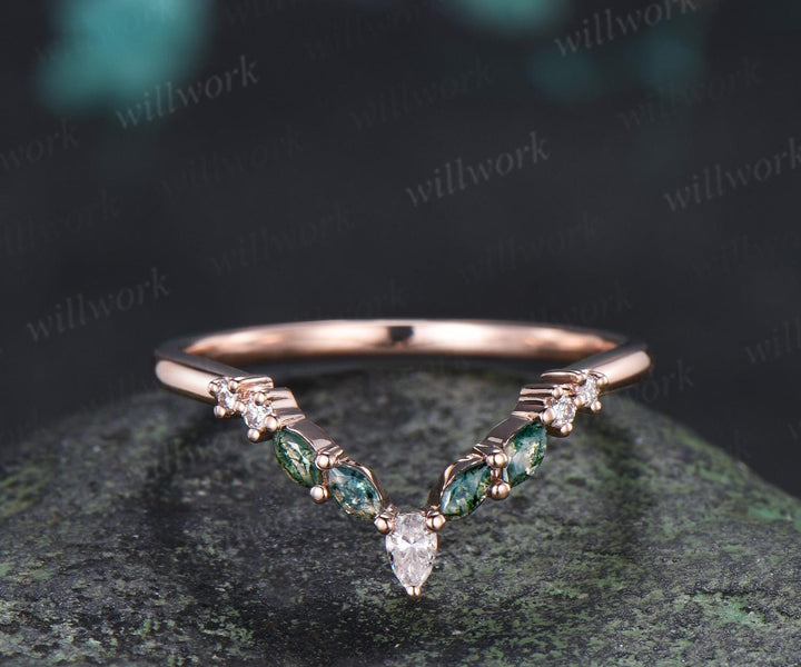 Marquise moss agate curved wedding band 14k rose gold pear moissanite matching stacking bridal wedding ring women gift