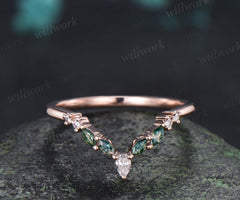 Marquise moss agate curved wedding band 14k rose gold pear moissanite matching stacking bridal wedding ring women gift