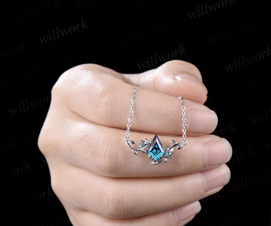 Kite cut alexandrite necklace vintage twisted leaf nature inspired three stone unique pendant women anniversary bridal gift mother