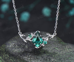 Kite cut green emerald necklace vintage twisted leaf nature inspired three stone unique pendant women anniversary bridal gift mother