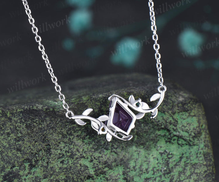 Kite cut purple sapphire necklace vintage twisted leaf nature inspired three stone unique pendant women anniversary bridal gift mother