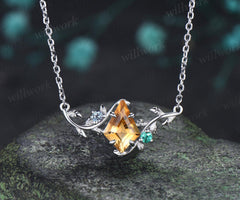 Kite cut yellow citrine necklace vintage twisted leaf nature inspired three stone emerald alexandrite women anniversary bridal gift mother