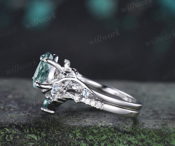 Vintage pear cut green moss agate engagement ring 14k white gold cluster leaf nature inspired aquamarine anniversary wedding ring set women