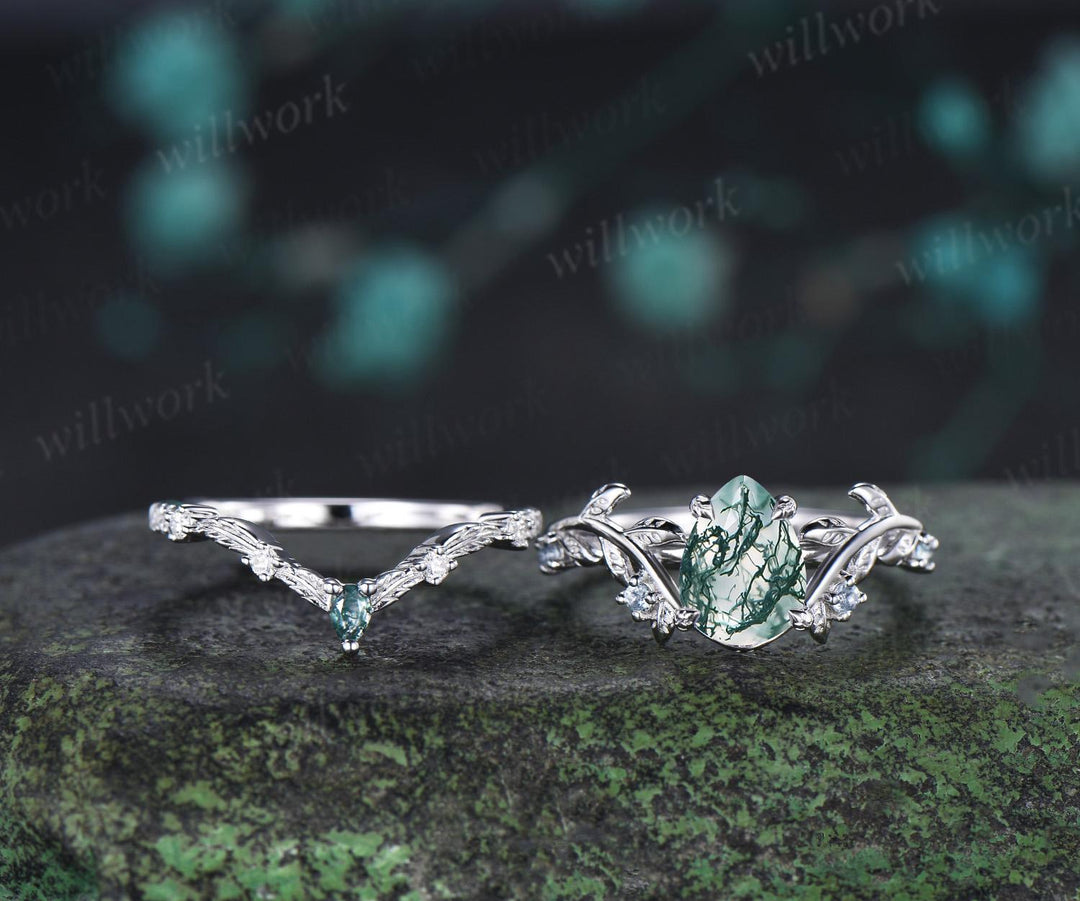 Vintage pear cut green moss agate engagement ring 14k white gold cluster leaf nature inspired aquamarine anniversary wedding ring set women