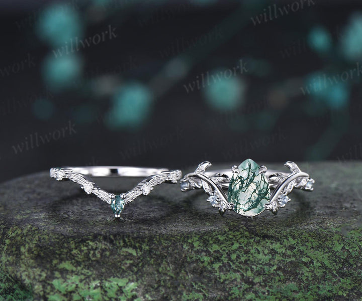 Vintage pear cut green moss agate engagement ring 14k white gold cluster leaf nature inspired aquamarine anniversary wedding ring set women