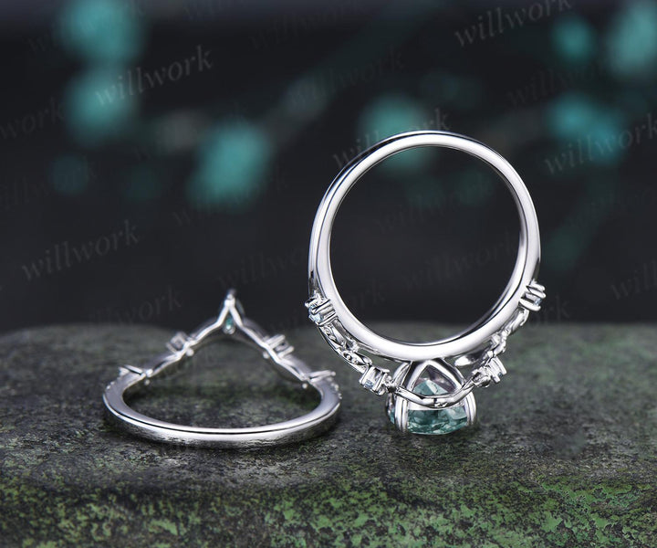 Vintage pear cut green moss agate engagement ring 14k white gold cluster leaf nature inspired aquamarine anniversary wedding ring set women