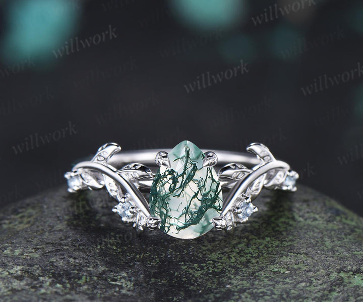 Vintage pear cut green moss agate engagement ring 14k white gold cluster leaf nature inspired aquamarine anniversary wedding ring set women