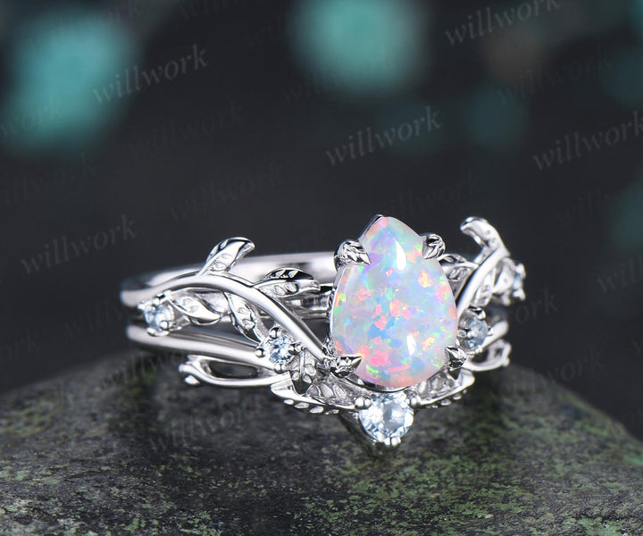Teardrop pear opal engagement ring 14k white gold cluster leaf nature inspired aquamarine anniversary wedding ring set women gift