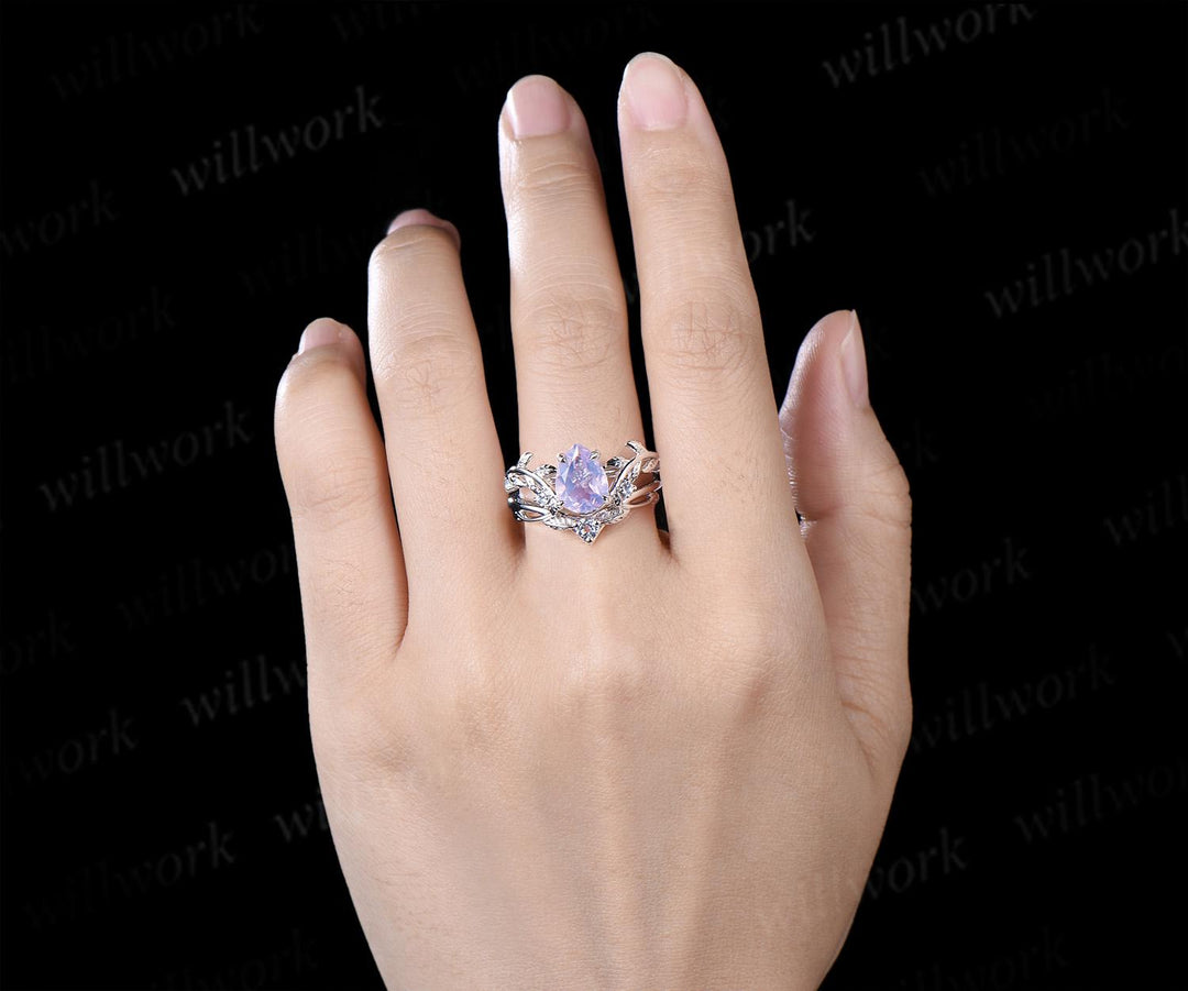 Teardrop pear cut Lavender Amethyst engagement ring 14k white gold cluster leaf nature inspired aquamarine  wedding ring set women gift