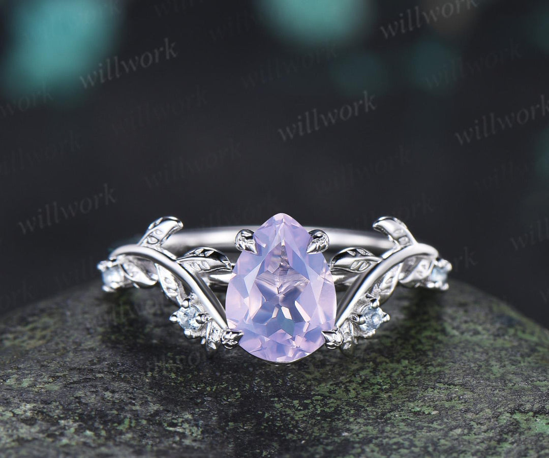 Teardrop pear cut Lavender Amethyst engagement ring 14k white gold cluster leaf nature inspired aquamarine  wedding ring set women gift