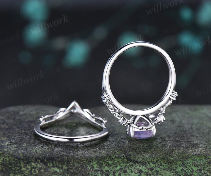 Teardrop pear cut Lavender Amethyst engagement ring 14k white gold cluster leaf nature inspired aquamarine  wedding ring set women gift