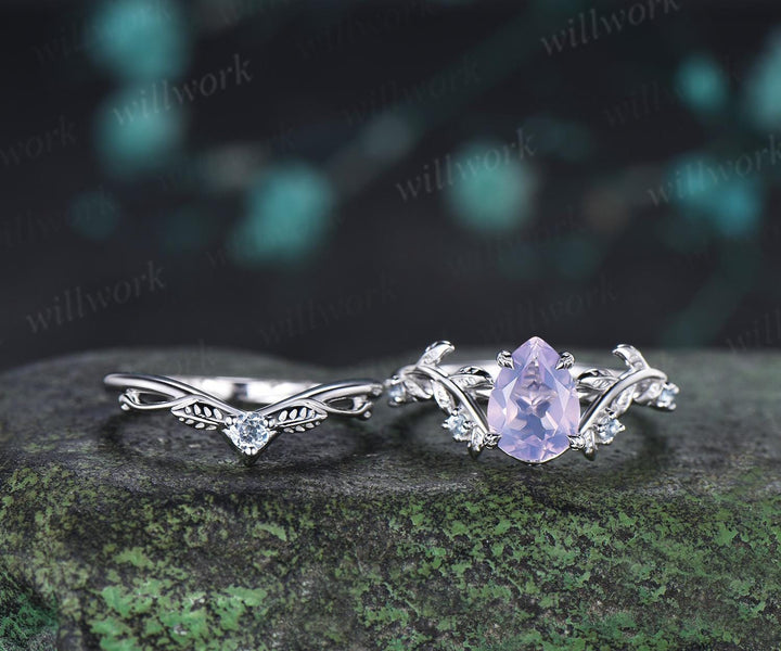 Teardrop pear cut Lavender Amethyst engagement ring 14k white gold cluster leaf nature inspired aquamarine  wedding ring set women gift
