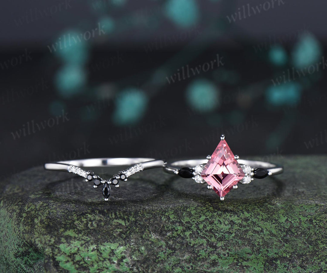 2ct kite cut Padparadscha pink sapphire engagement ring 14k white gold 6 prong black spinel wedding ring set women jewelry