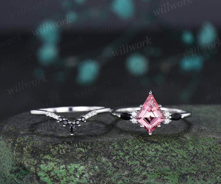 2ct kite cut Padparadscha pink sapphire engagement ring 14k white gold 6 prong black spinel wedding ring set women jewelry