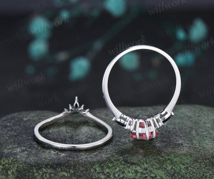 2ct kite cut Padparadscha pink sapphire engagement ring 14k white gold 6 prong black spinel wedding ring set women jewelry