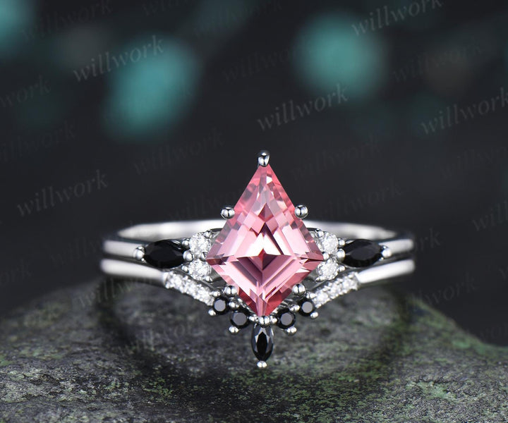 2ct kite cut Padparadscha pink sapphire engagement ring 14k white gold 6 prong black spinel wedding ring set women jewelry