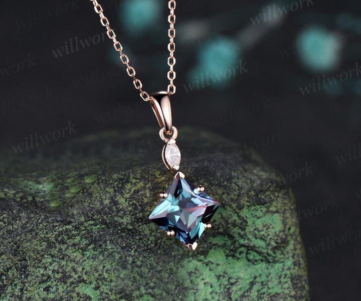 Princess cut alexandrite necklace 14k rose gold two stone marquise moissanite pendant women her gemstone anniversary bridal gift mother