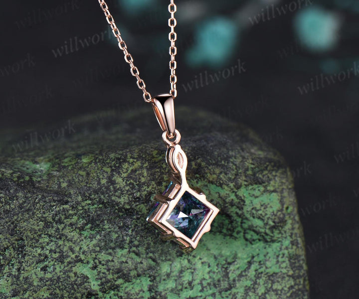 Princess cut alexandrite necklace 14k rose gold two stone marquise moissanite pendant women her gemstone anniversary bridal gift mother