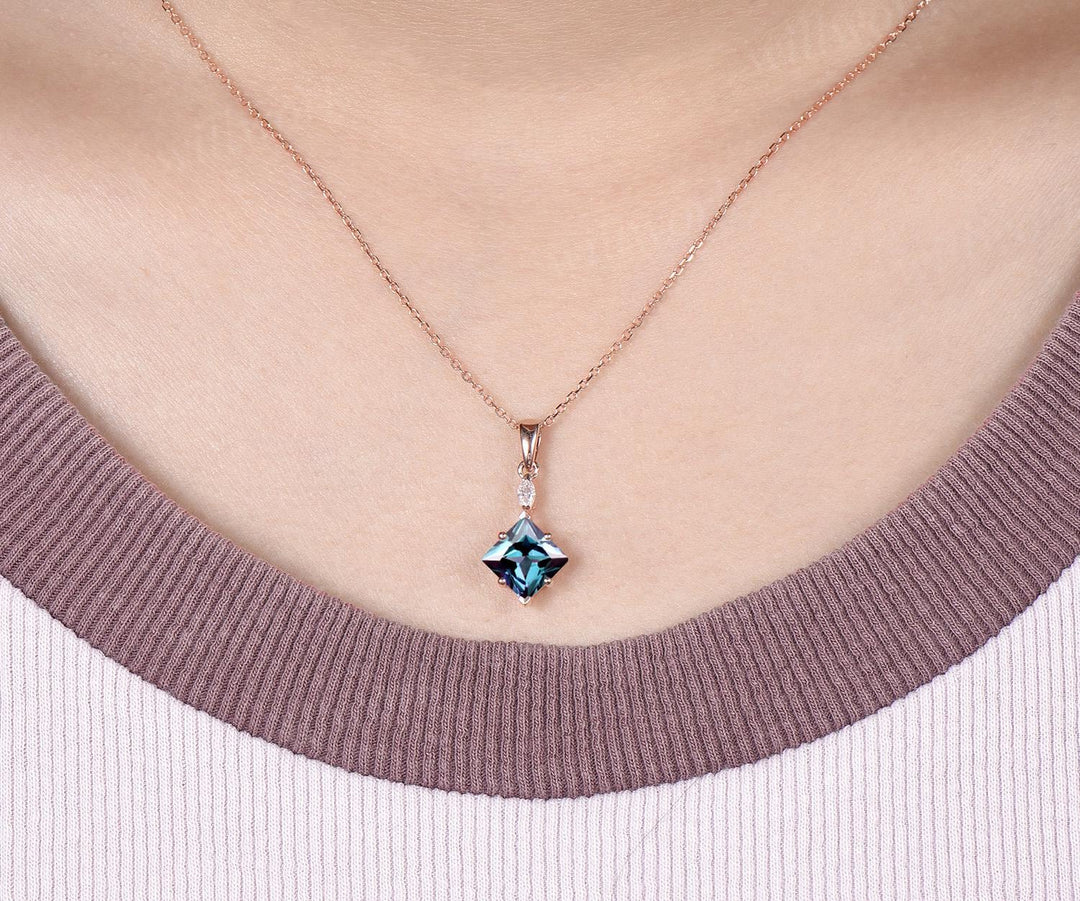 Princess cut alexandrite necklace 14k rose gold two stone marquise moissanite pendant women her gemstone anniversary bridal gift mother