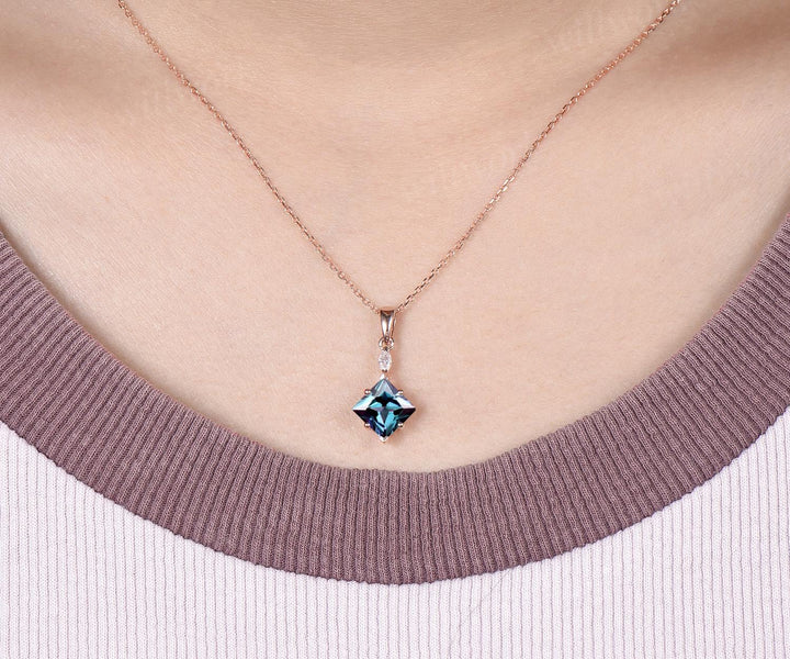 Princess cut alexandrite necklace 14k rose gold two stone marquise moissanite pendant women her gemstone anniversary bridal gift mother