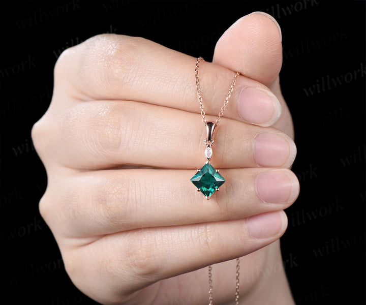 Princess cut green emerald necklace 14k rose gold two stone marquise moissanite pendant women her gemstone anniversary bridal gift mother