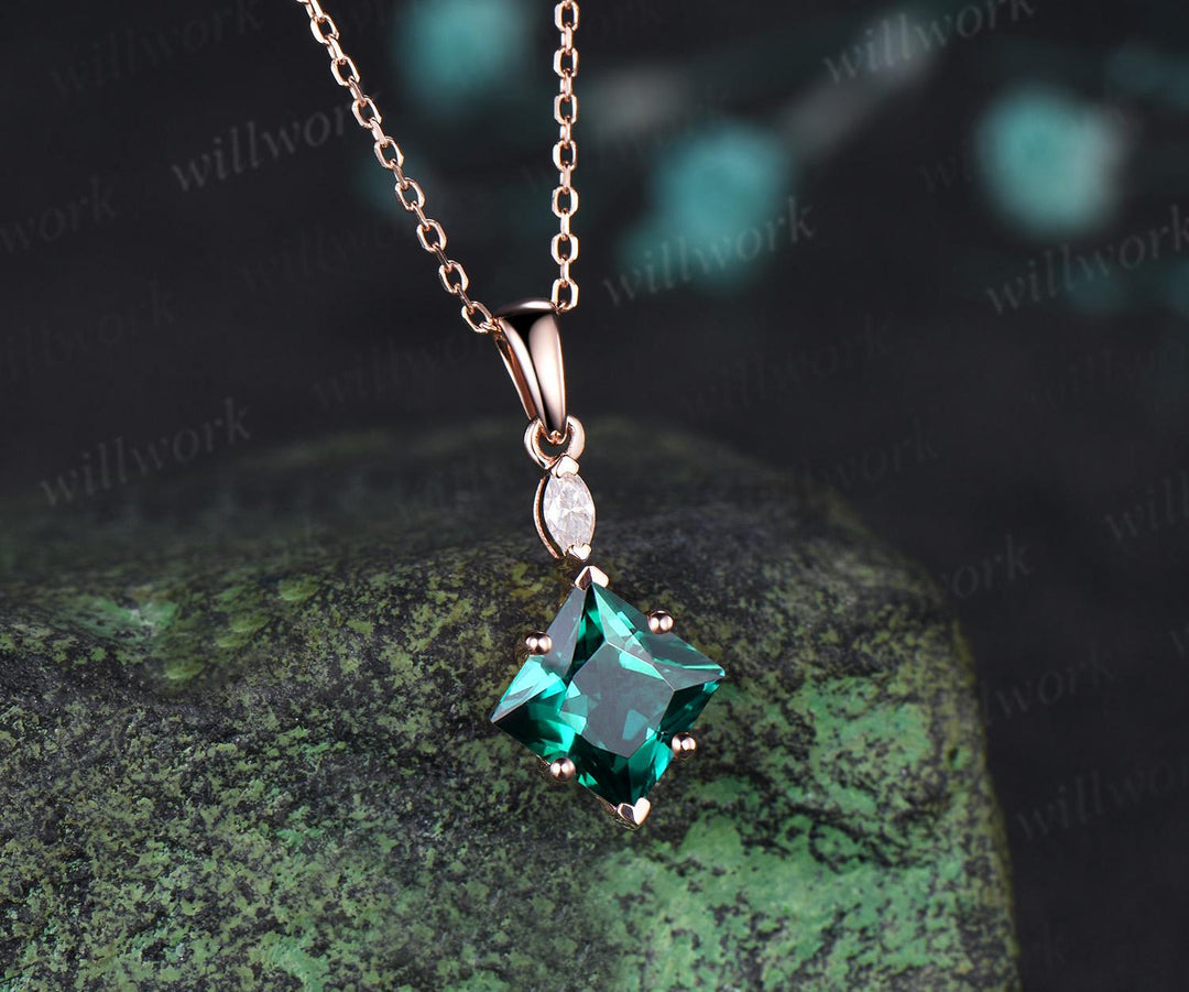 Princess cut green emerald necklace 14k rose gold two stone marquise moissanite pendant women her gemstone anniversary bridal gift mother