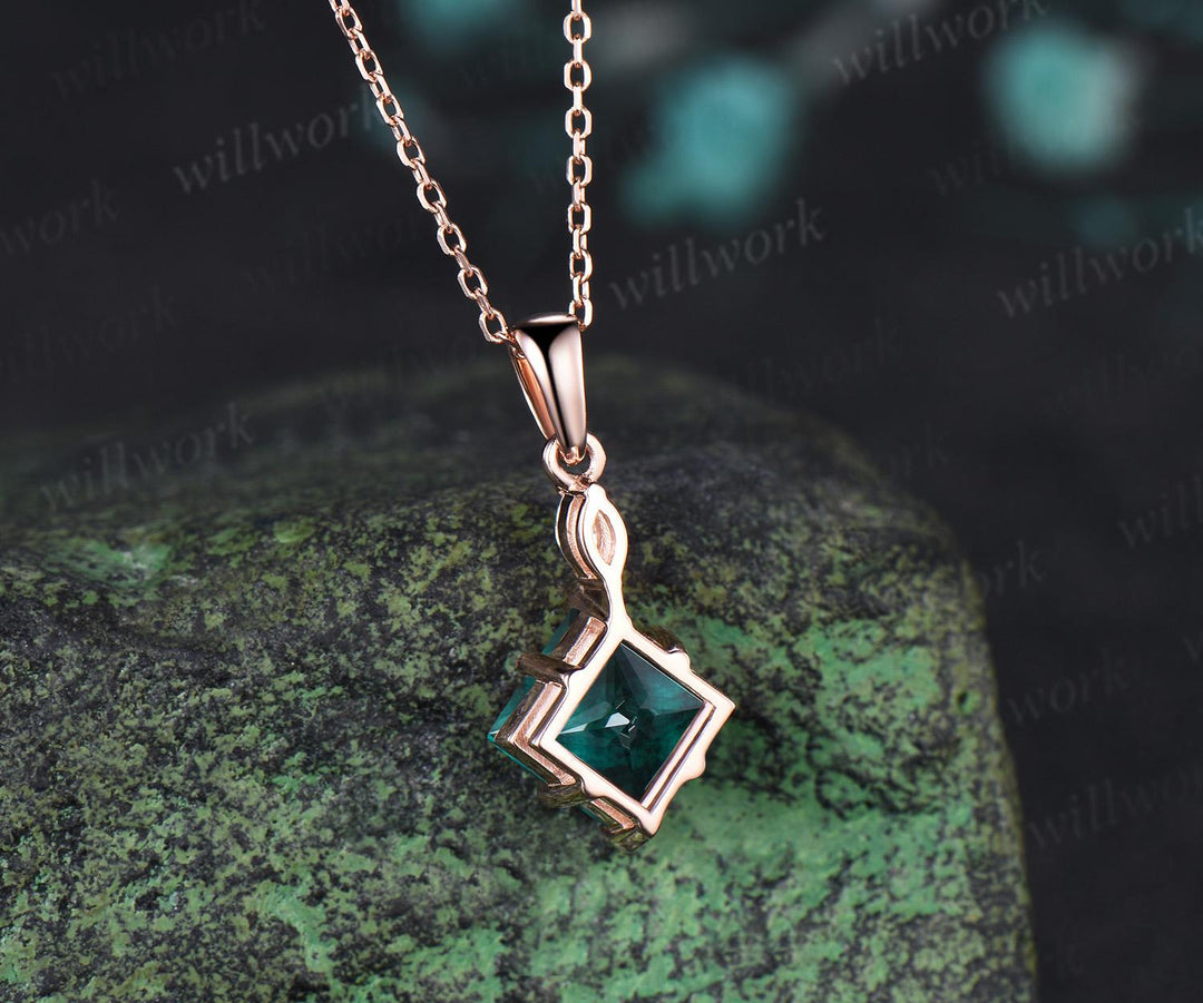 Princess cut green emerald necklace 14k rose gold two stone marquise moissanite pendant women her gemstone anniversary bridal gift mother
