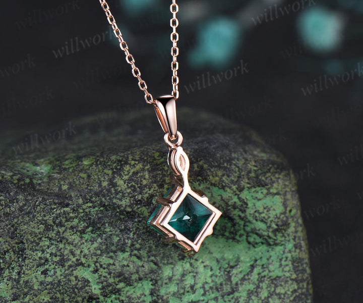 Princess cut green emerald necklace 14k rose gold two stone marquise moissanite pendant women her gemstone anniversary bridal gift mother