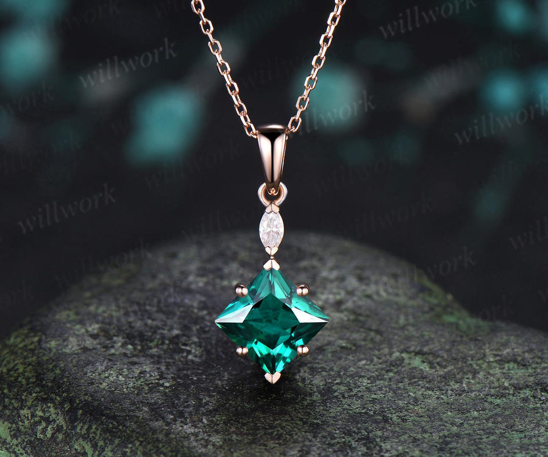 Princess cut green emerald necklace 14k rose gold two stone marquise moissanite pendant women her gemstone anniversary bridal gift mother