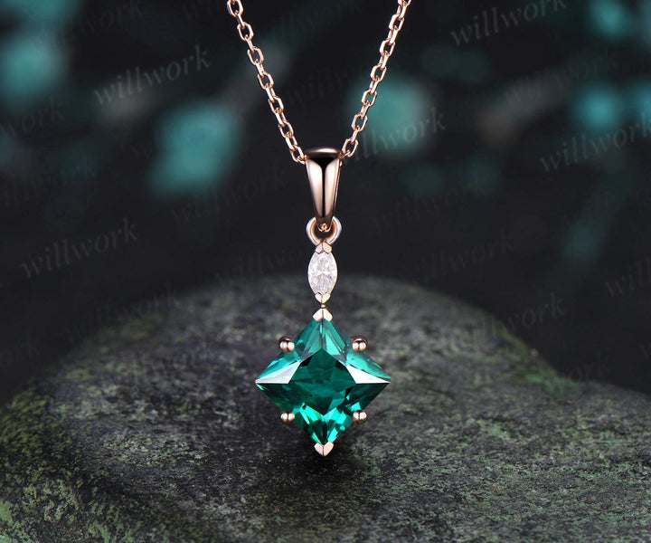 Princess cut green emerald necklace 14k rose gold two stone marquise moissanite pendant women her gemstone anniversary bridal gift mother