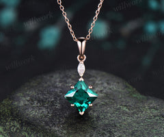 Princess cut green emerald necklace 14k rose gold two stone marquise moissanite pendant women her gemstone anniversary bridal gift mother