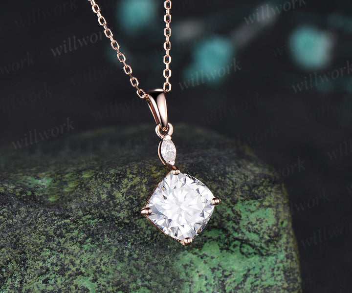 2ct cushion cut moissanite necklace 14k rose gold two stone marquise pendant women her gemstone anniversary bridal gift mother