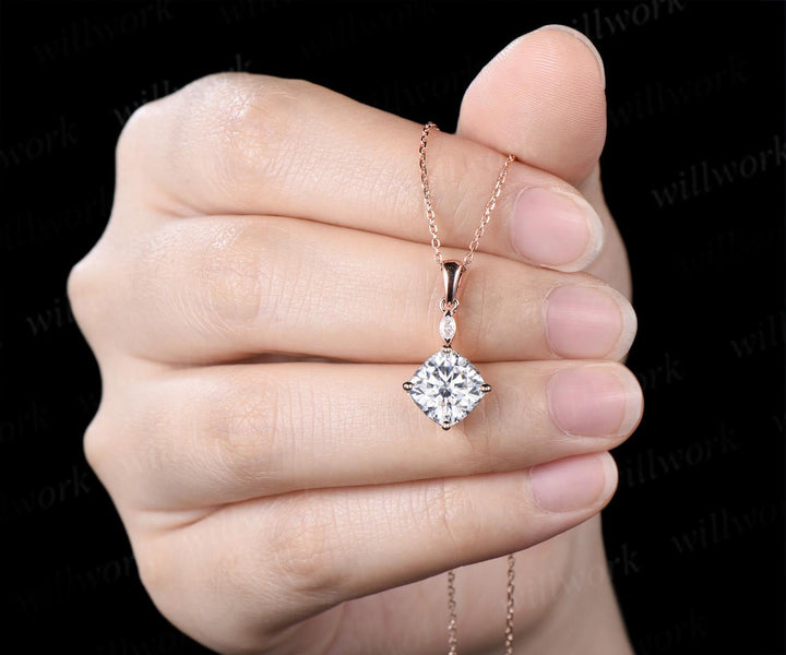 2ct cushion cut moissanite necklace 14k rose gold two stone marquise pendant women her gemstone anniversary bridal gift mother