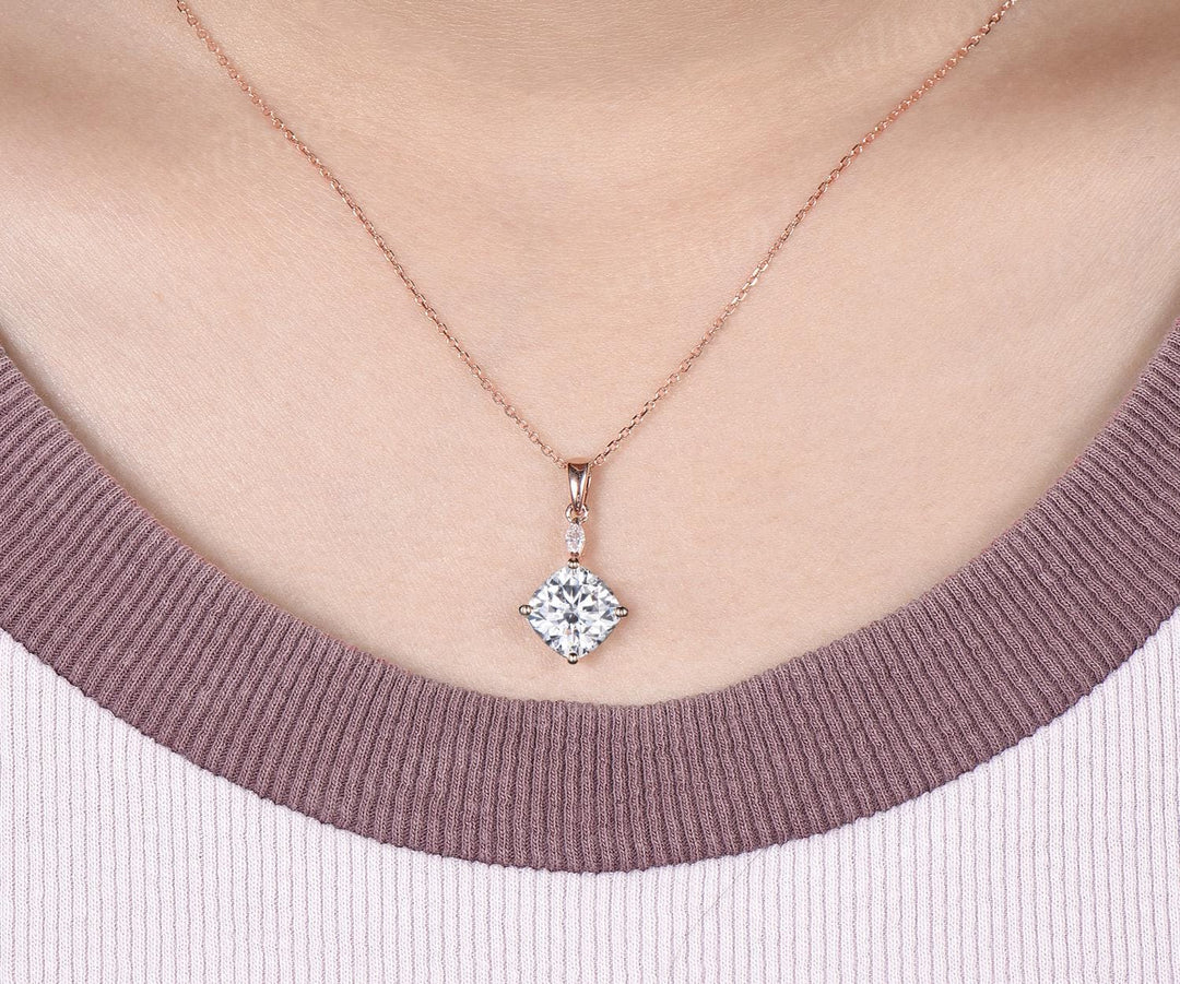 2ct cushion cut moissanite necklace 14k rose gold two stone marquise pendant women her gemstone anniversary bridal gift mother