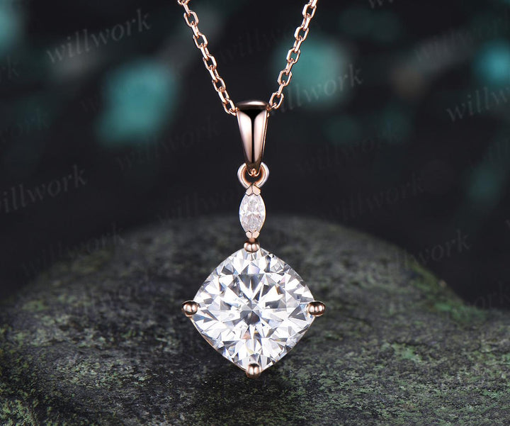 2ct cushion cut moissanite necklace 14k rose gold two stone marquise pendant women her gemstone anniversary bridal gift mother