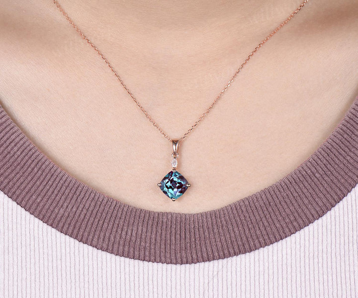 2ct cushion cut alexandrite necklace 14k rose gold two stone marquise pendant women her gemstone anniversary bridal gift mother