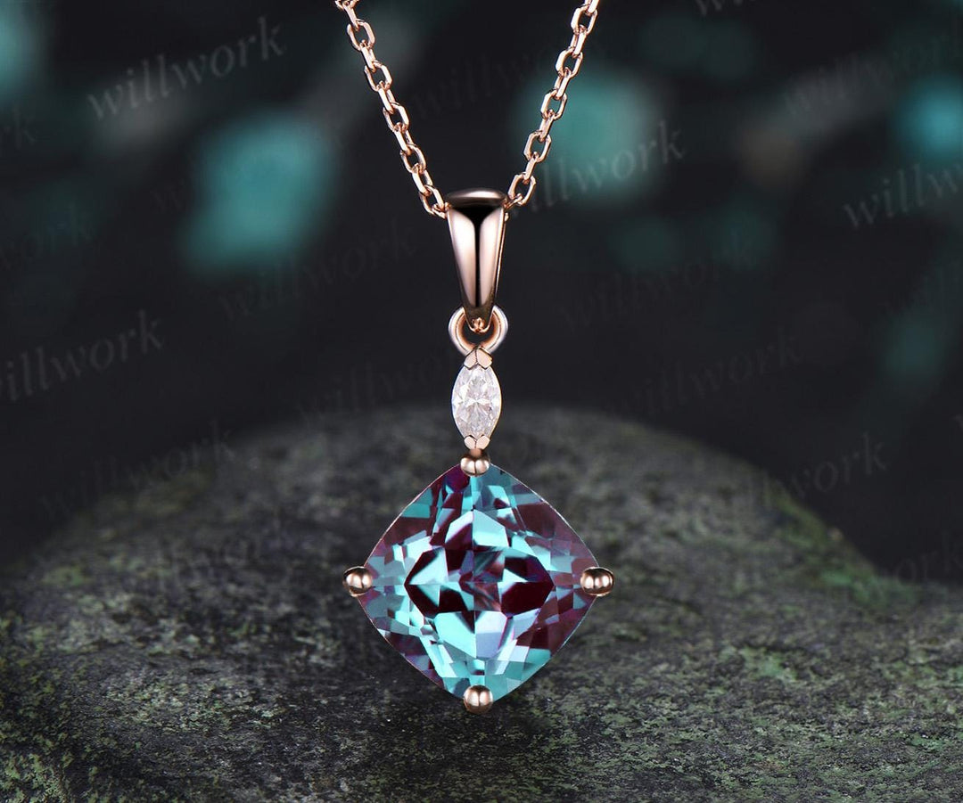 2ct cushion cut alexandrite necklace 14k rose gold two stone marquise pendant women her gemstone anniversary bridal gift mother