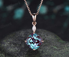 2ct cushion cut alexandrite necklace 14k rose gold two stone marquise pendant women her gemstone anniversary bridal gift mother