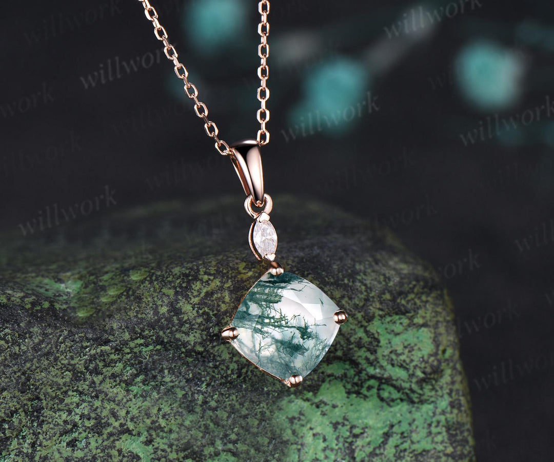 2ct cushion cut green moss agate necklace 14k rose gold two stone marquise moissanite pendant women her gemstone wedding bridal gift mother