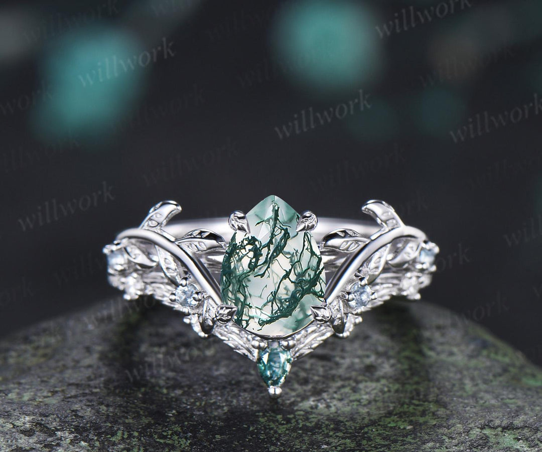 Vintage pear cut green moss agate engagement ring 14k white gold cluster leaf nature inspired aquamarine anniversary wedding ring set women