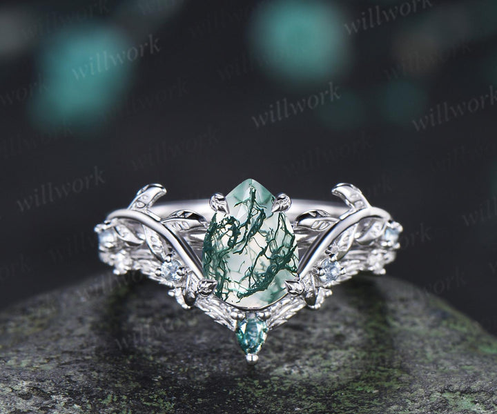 Vintage pear cut green moss agate engagement ring 14k white gold cluster leaf nature inspired aquamarine anniversary wedding ring set women
