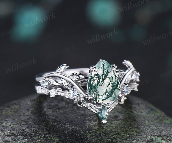 Vintage pear cut green moss agate engagement ring 14k white gold cluster leaf nature inspired aquamarine anniversary wedding ring set women