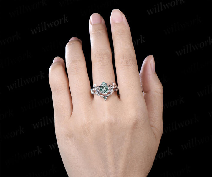 Vintage pear cut green moss agate engagement ring 14k white gold cluster leaf nature inspired aquamarine anniversary wedding ring set women