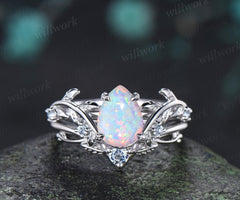 Teardrop pear opal engagement ring 14k white gold cluster leaf nature inspired aquamarine anniversary wedding ring set women gift