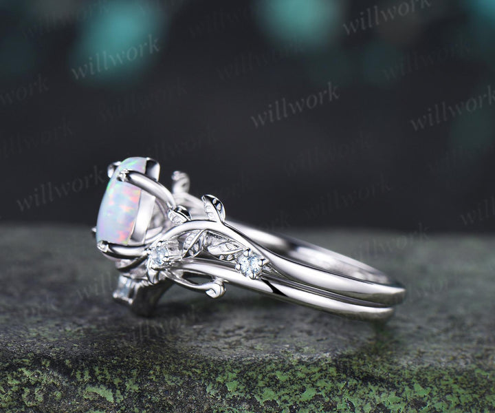 Teardrop pear opal engagement ring 14k white gold cluster leaf nature inspired aquamarine anniversary wedding ring set women gift