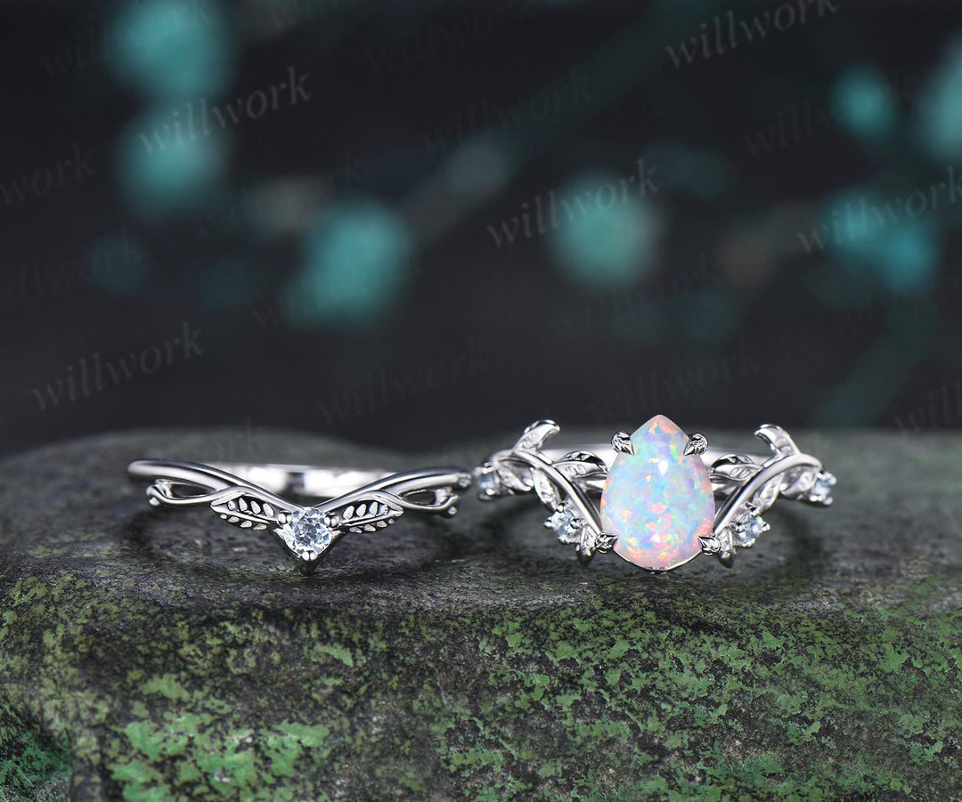 Teardrop pear opal engagement ring 14k white gold cluster leaf nature inspired aquamarine anniversary wedding ring set women gift