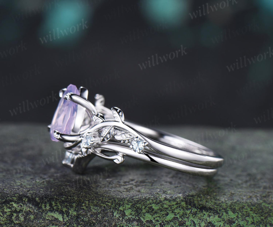 Teardrop pear cut Lavender Amethyst engagement ring 14k white gold cluster leaf nature inspired aquamarine  wedding ring set women gift