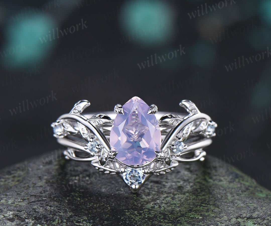 Teardrop pear cut Lavender Amethyst engagement ring 14k white gold cluster leaf nature inspired aquamarine  wedding ring set women gift