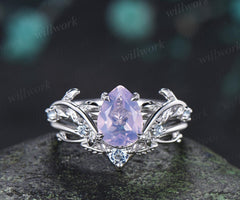 Teardrop pear cut Lavender Amethyst engagement ring 14k white gold cluster leaf nature inspired aquamarine  wedding ring set women gift